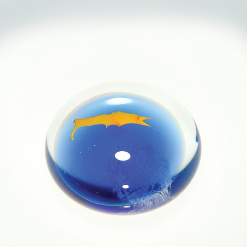 Labino Spiny Prehistoric Fish paperweight,: Dominick Labino paperweight showing a bright citron yellow prehistoric fish placed appropriately over an ocean blue backdrop. Height 1 1/8 inches, diameter 2 3/8 inches. Engraved by the artist and the
