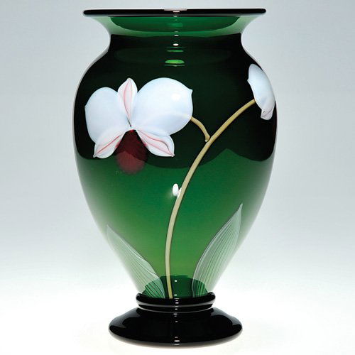 Orient & Flume vase, orchids, Sillars, 9 1/4": Good Orient & Flume footed vase, the creation of Bruce Sillars displaying a popular and exotic looking plant, the Orchid. The arched branch bearing two fully developed blossoms and three buds. The pin