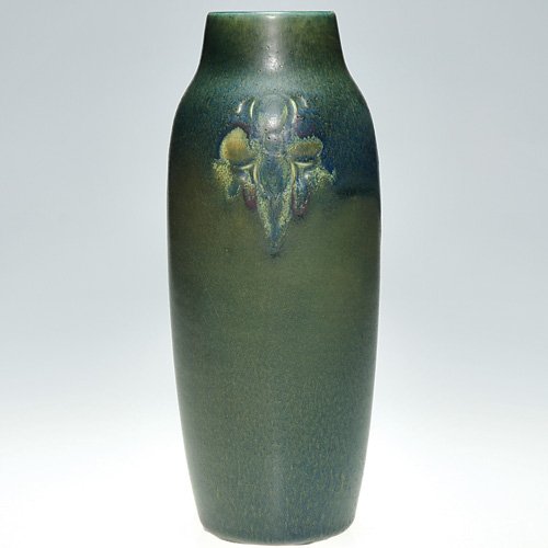 Rookwood carved mat floral, Todd, 1914, 9 5/8": Carved and painted vase decorated by Charles Todd in 1914 with abstract flowers colored in a tonalistic style. Impressed with the Rookwood symbol, the date and shape 932 D and bearing the artist's inc