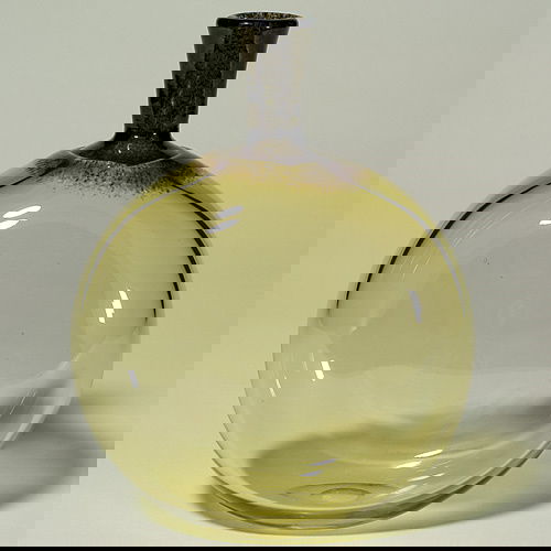 Sweden Lindshammer,"moon" vase, G. Ander,10 1/2": Scandinavian "moon" vase layered in amber crystal, the neck speckled with black green, a creation by Gunnar Ander. Height 10 1/2 inches. Inscribed below the base "Lindshammer, Sweden, G. Ander, 1306/2