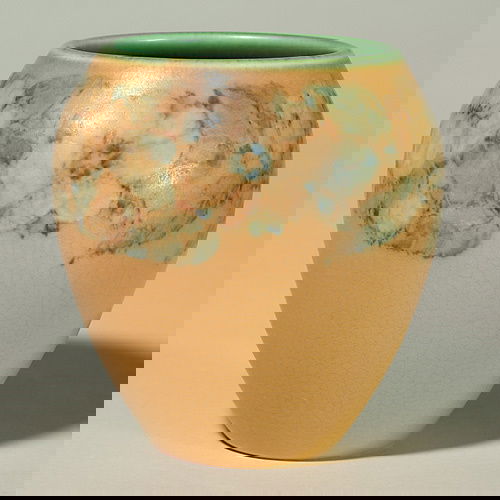 Rookwood mat 5" floral vase, Pullman, 1926, 1343: Mat glaze 5 inch vase encircled with white wild roses against a tan mat and lined in green, decorated by John Wesley Pullman in 1926. Marked with the Rookwood logo, the date, shape 1343 and the decora