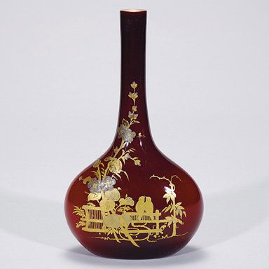 Webb stick vase, gold decoration, 9 5/8": Nice Thomas Webb stick vase decorated with love birds sitting on a fence near a climbing vine. This courting scene in gold and platinum is silhouetted upon a rich mahogany backdrop cased with a white
