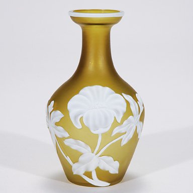 Webb cameo vase, floral, 5 1/8": Thomas Webb cameo vase with a large floral blossom on a budding branch, set against a yellow green backdrop. Height 5 1/8 inches.