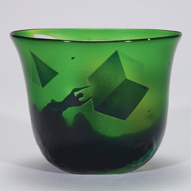 Vallien, Bertil vase, cameo abstract, 4 3/4": Good sculptured vase by famous Swedish glass artist Bertil Vallien for Kosta. The interior has been sand blasted with two human figures among geometric forms floating in space within the emerald green
