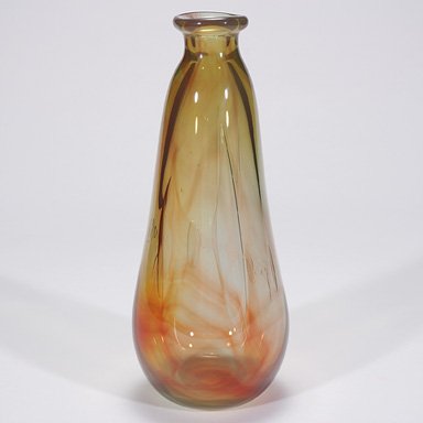 Labino, Dominick Ariel vase, amber, 13 5/8": Tall Dominick Labino free form vase created in smoky amber with several Ariel patterns floating among crimson clouds. Height 13 5/8 inches. Script signed "Labino" with the 1968 date. This height of va