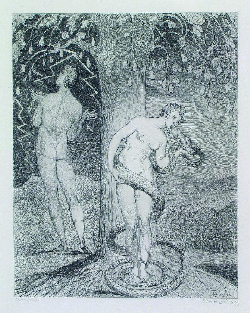 After William Blake (British: After William Blake (British, 1757-1827)QUEEN OF EVIL;CREATION OF EVE;EVE EATING THE FORBIDDEN FRUIT;MICHAEL FORETELLS THE CRUCIFIXIONFour etchings, 1878, from the book 'William Blake: Etchings from h