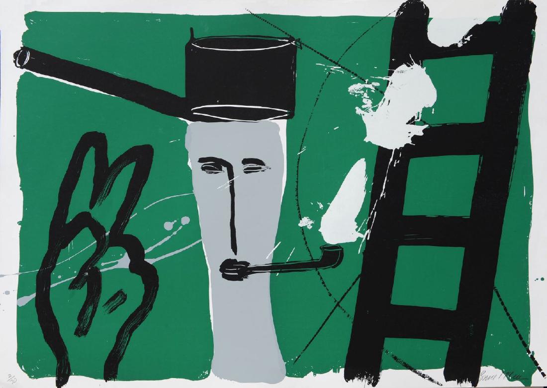 *Bruce McLean (Scottish: *Bruce McLean (Scottish, b.1944)POT HEAD MAN IIScreenprint in colours, 1984, signed and numbered 2/30 in pencil, on wove paper, the full sheet printed to the edgessheet 70 x 100cm, framed*Artist's Res