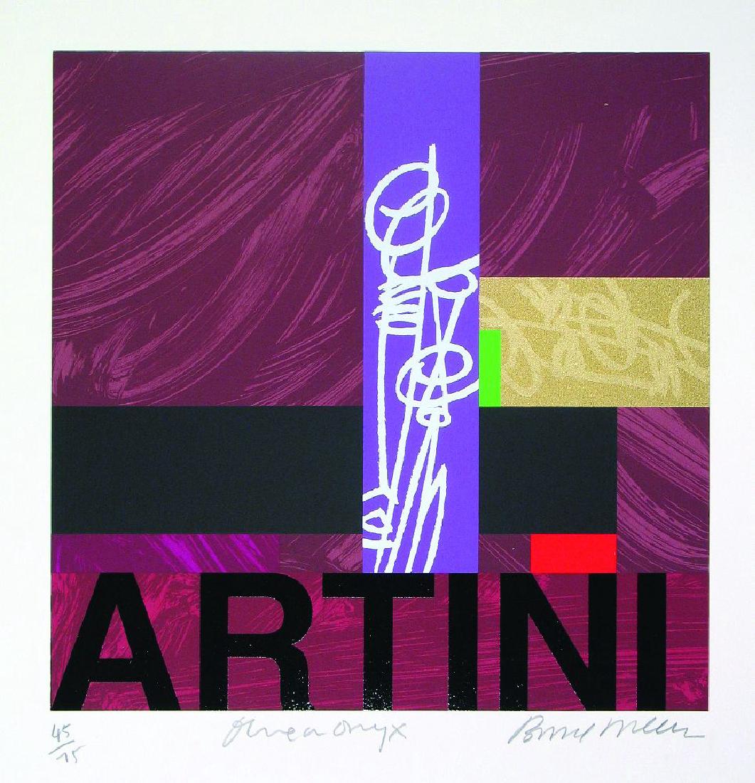 *Bruce McLean (Scottish: *Bruce McLean (Scottish, b.1944)OLIVE ON ONYXScreenprint in colours, 1997, signed, titled and numbered 9/75 in pencil, on wove paper, with full margins image 40 x 40.5cm, framed*Artist's Resale Right