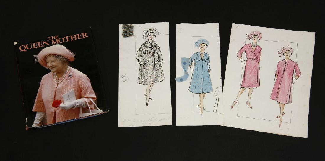 Norman Hartnell (1901-1979): Norman Hartnell (1901-1979), a pen, watercolour and gouache fashion illustration,from the House of Norman Hartnell, for a tweed coat for HRH Queen Elizabeth, c.1980, with a tweed fabric sample,togethe