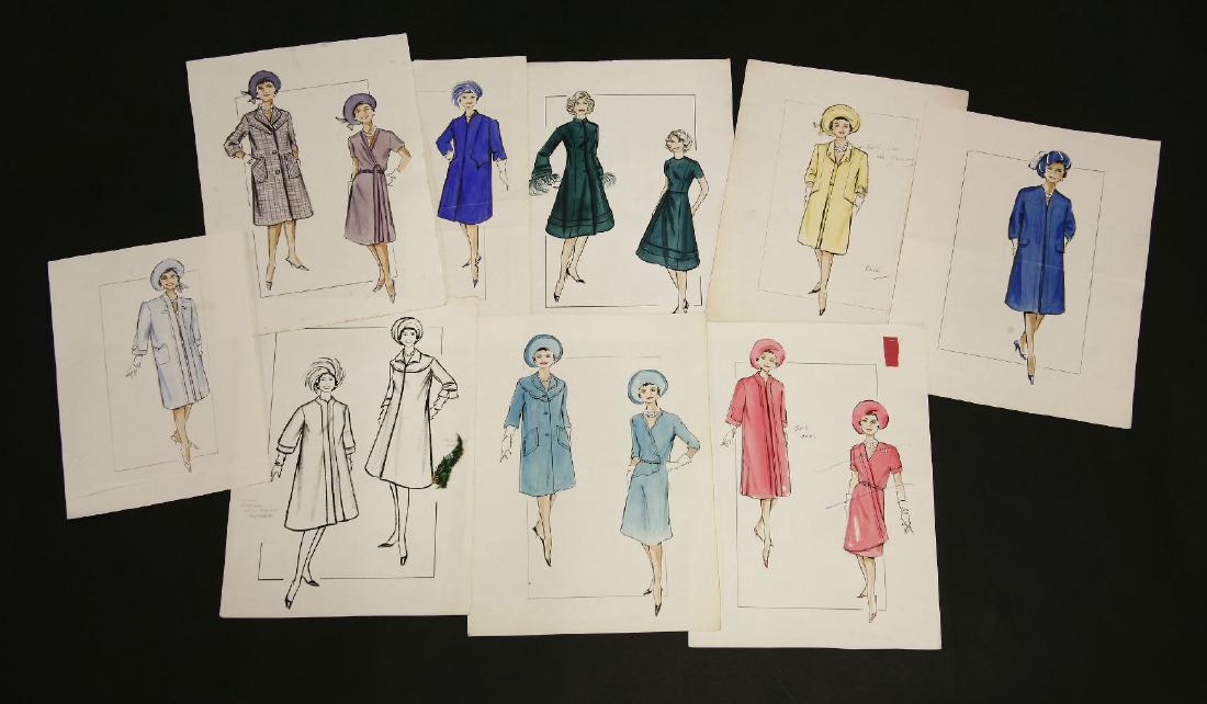 Norman Hartnell (1901-1979): Norman Hartnell (1901-1979), nine pen, watercolour and gouache fashion illustrations, from the House of Norman Hartnell, to include a design of a green coat and dress, with feather detailing to sleeve
