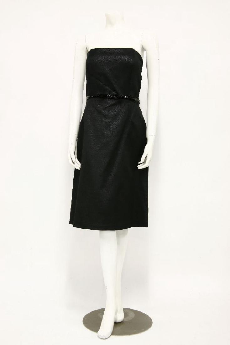 A Max Mara black textured fabric strapless dress: A Max Mara black textured fabric strapless dress,with patent belt with bow detail,size 14