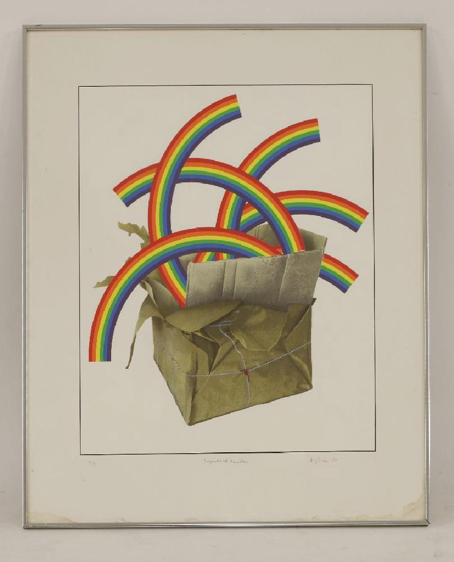 *Patrick Hughes (British: *Patrick Hughes (British, b.1939)REGISTERED RAINBOWSScreenprint in colours, 1980, signed, titled and numbered 98/150 in pencil, on wove paper, with full marginssheet 88.3 x 76cm, framed*Artist's Resal