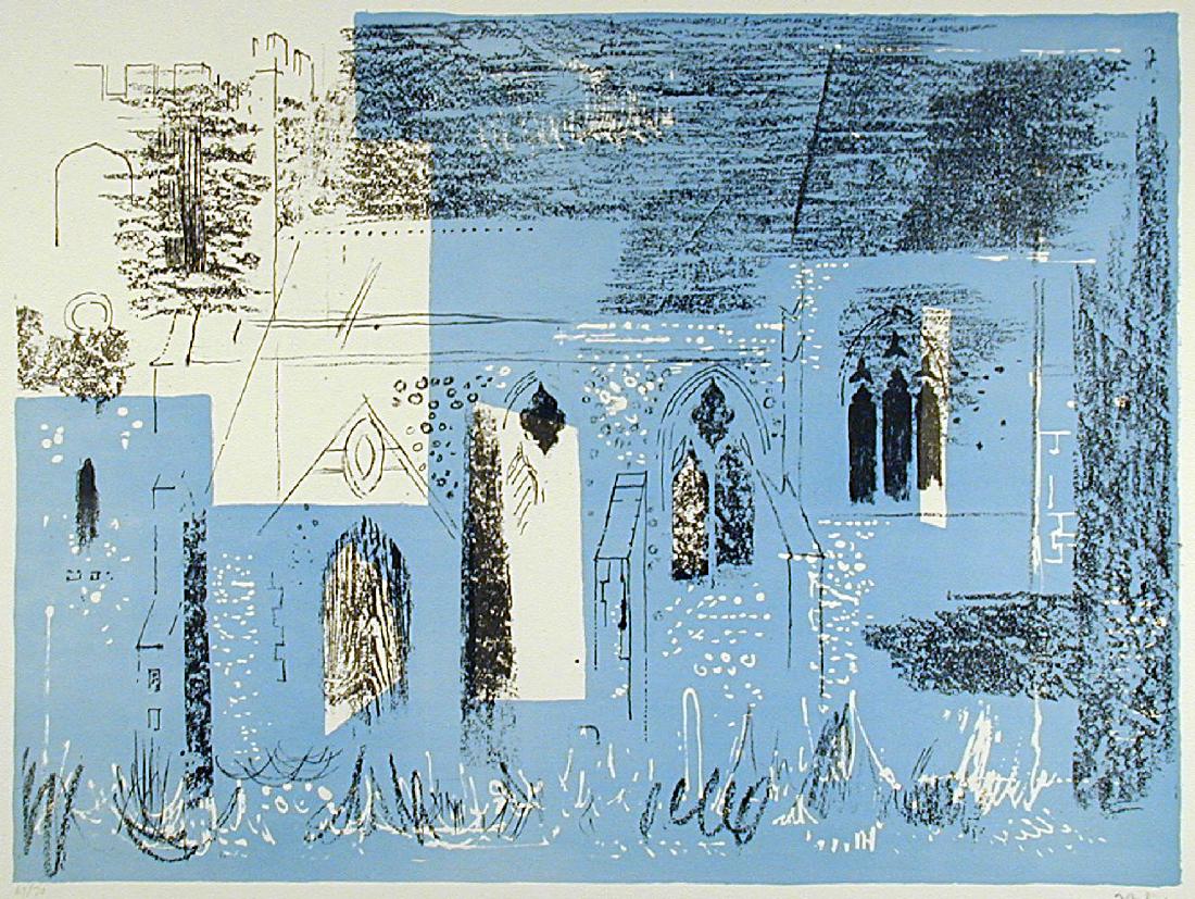 *John Piper (British, 1903-1992) LEWKNOR, OXFORDSHIRE: *John Piper (British, 1903-1992)LEWKNOR, OXFORDSHIRE (Levinson 133)Lithograph printed in colours, signed and numbered 36/70 in pencil, printed by Curwen Studio, published by Marlborough Fine Art, Lond