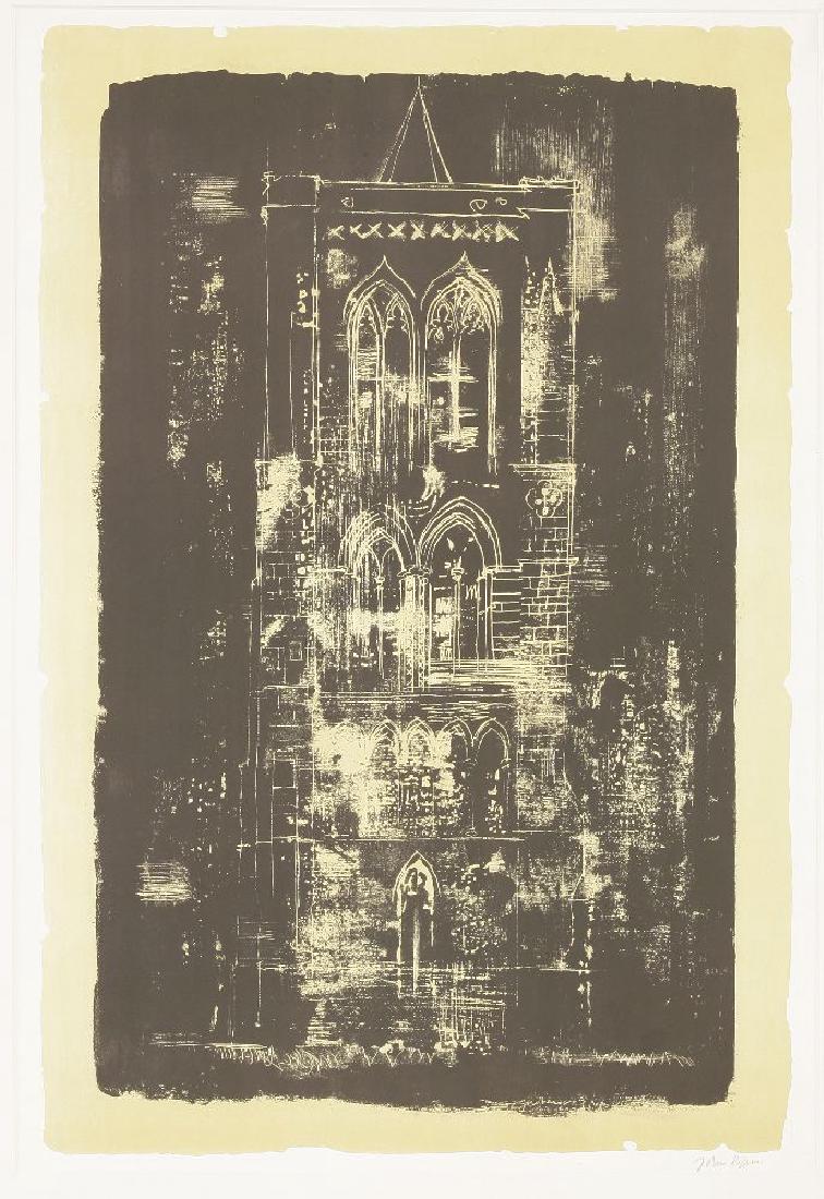 *John Piper (British: *John Piper (British, 1903-1992)GEDNEY, LINCOLNSHIRE: A TOWER IN THE FENS (LEVINSON 139)Lithograph printed in colours, 1964, from 'A Retrospective of Churches', signed in pencil, a proof aside from th