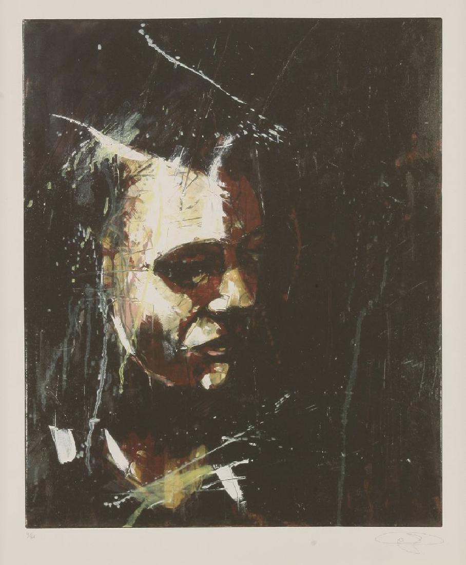 *Guy Denning (British: *Guy Denning (British, b.1965)UNTITLED (A MAN LOOKING LEFT)Screenprint in colours, 2009, signed and numbered 9/50 in pencil, on wove paper, with full marginsimage 49 x 39cm, framed*Artist's Resale Rig