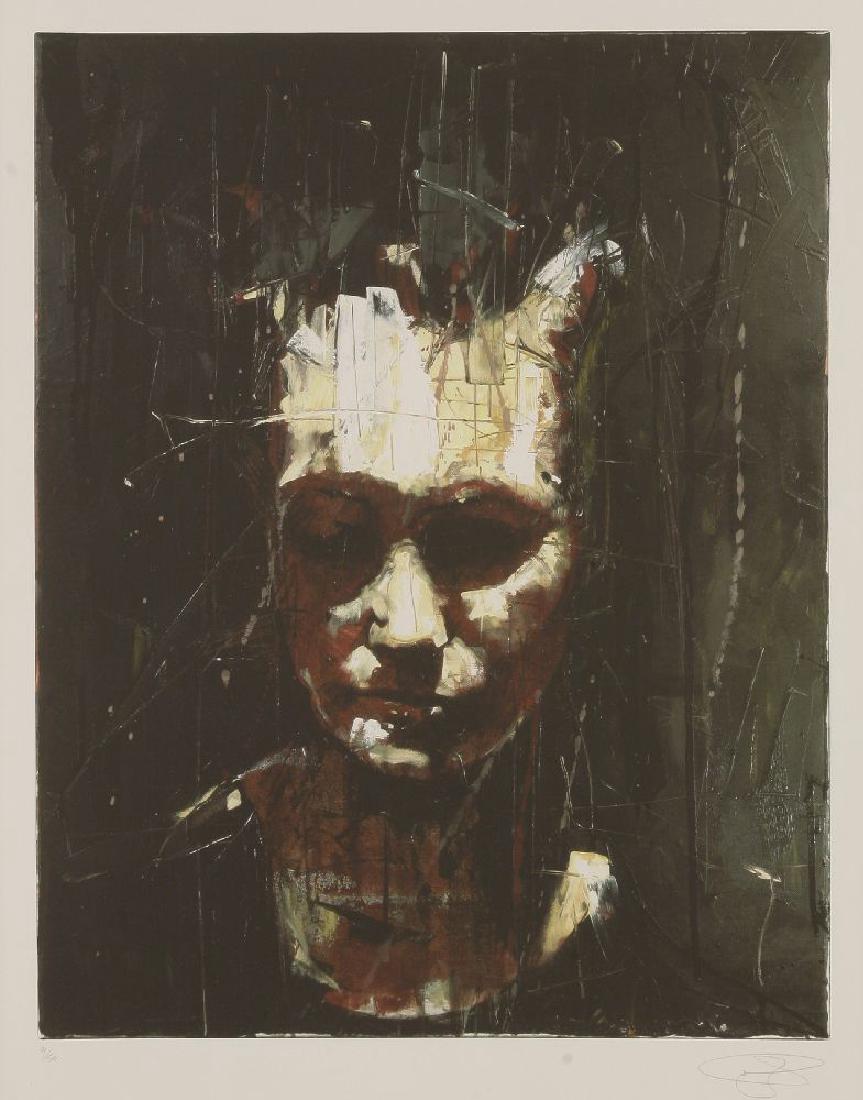 *Guy Denning (British: *Guy Denning (British, b.1965)UNTITLED (A MAN LOOKING DOWN)Screenprint in colours, 2009, signed, and numbered 9/50 in pencil, on wove paper, with full marginsimage 49 x 39cm, framed *Artist's Resale R