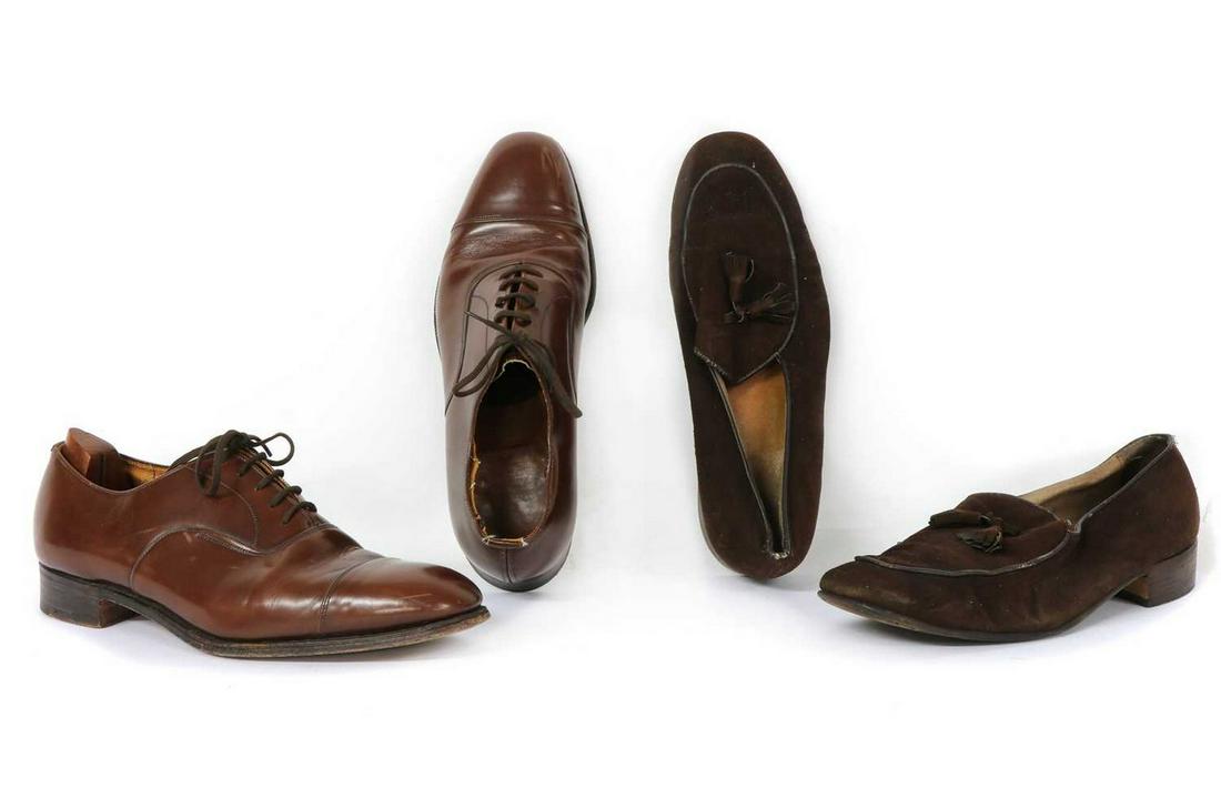 A pair of brown leather custom-made shoes,: A pair of brown leather custom-made shoes, A pair of brown leather custom-made shoes, with shoe trees, and a pair of brown suede loafers (6)