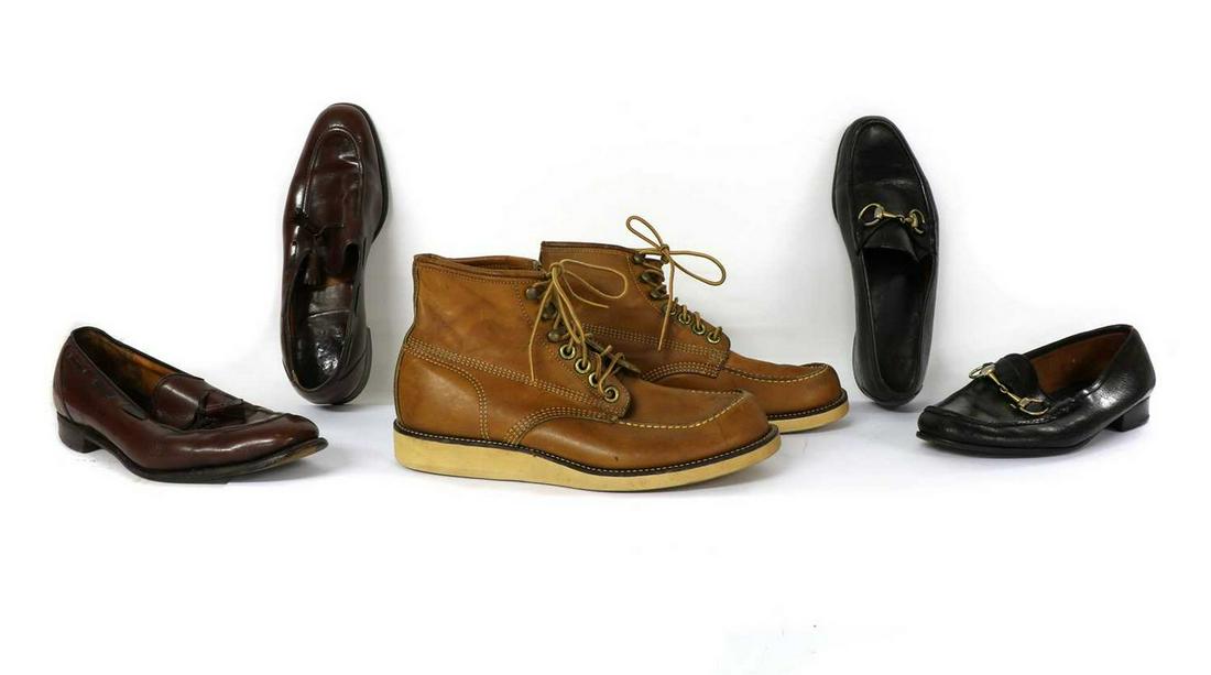 A pair of brown leather boots,: A pair of brown leather boots, A pair of brown leather boots, together with a pair of brown leather loafers, and a pair of black slip-on shoes with horsebit detail (6)