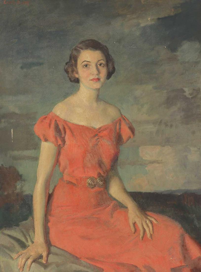 Louis Betts (American, 1873-1961): Louis Betts (American, 1873-1961) Louis Betts (American, 1873-1961) Portrait of Mary Lee Fairbanks, née Epling, three-quarter length, seated, in a red dress signed 'Louis Betts' u.l., inscribed w