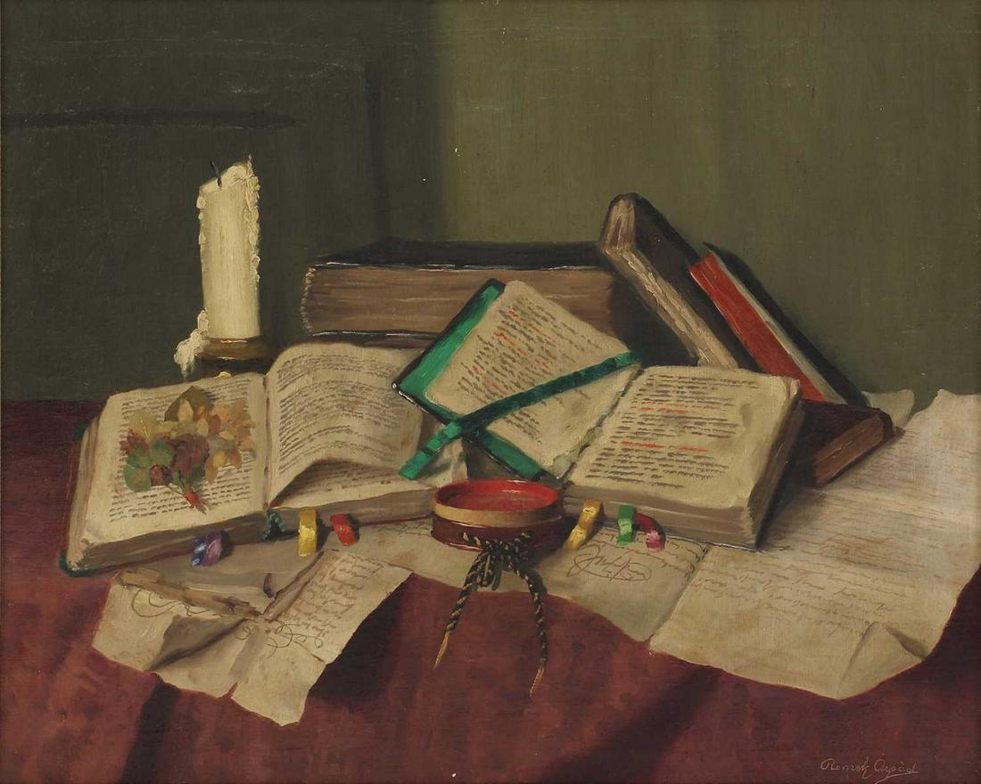 *Arpad Romek (Hungarian, 1883-1960): *Arpad Romek (Hungarian, 1883-1960) *Arpad Romek (Hungarian, 1883-1960) Still life with books and a candle signed 'Romek Arpad' l.r., oil on canvas 50 x 60cm *Artist's Resale Right may apply to this l