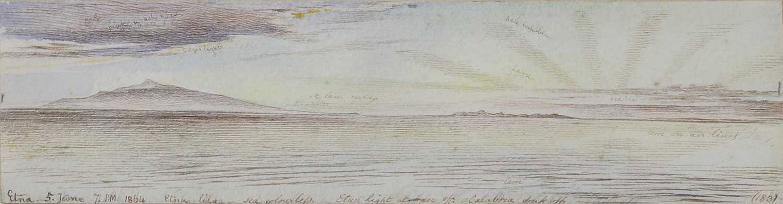Edward Lear (1812-1888): Edward Lear (1812-1888) Edward Lear (1812-1888) Mount Etna at sunset inscribed 'Etna 5 June 7pm 1864' and with colour notes, numbered (183) l.r., pen and brown ink and watercolour 6.7 x 27cm Provenanc