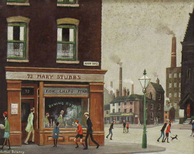 *Arthur Delaney (1927-1987): *Arthur Delaney (1927-1987) *Arthur Delaney (1927-1987) The Chip Shop signed 'Arthur Delaney' l.l., oil on board 26.5 x 33cm 'If I say this is not a real place it would not be quite true. It is a comp