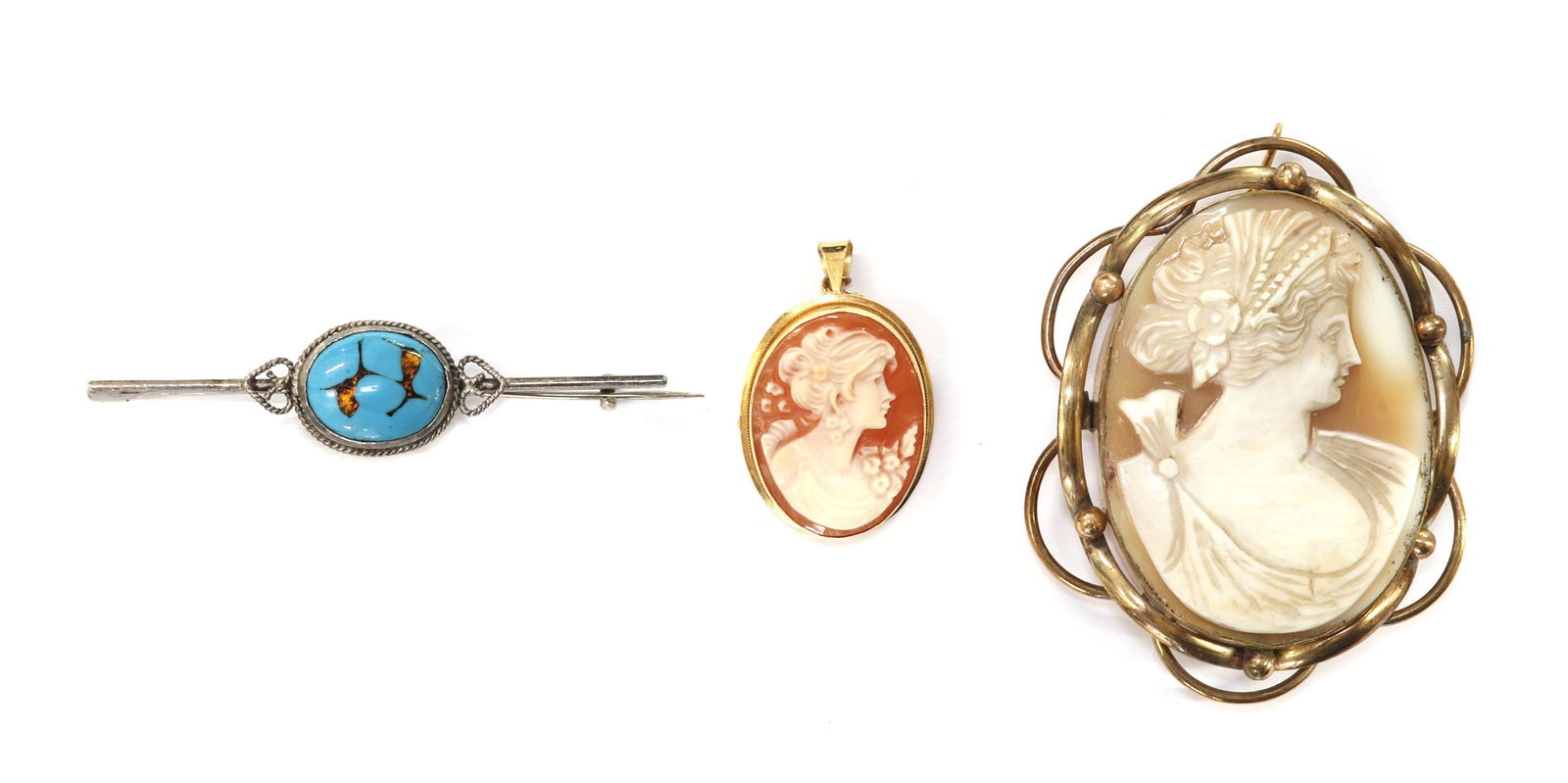 Three brooches,: Three brooches, Three brooches, to include a silver enamel bar brooch, attributed to Bernard Instone, later soft solder repair to hinge, a gold mounted shell cameo brooch/pendant, marked 750, Italian
