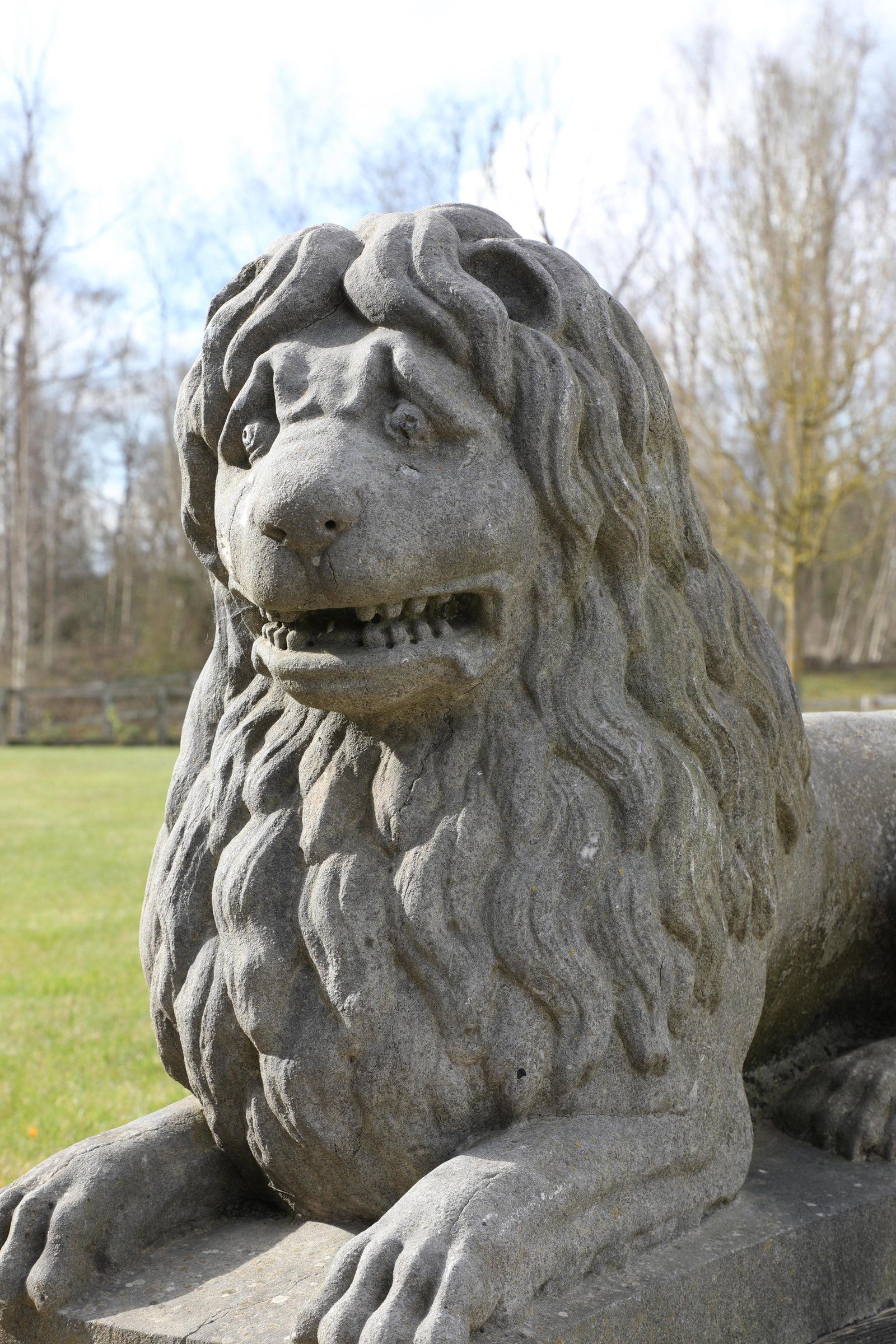 A large pair of carved Belgian fossil marble recumbent lions (1 of 9)