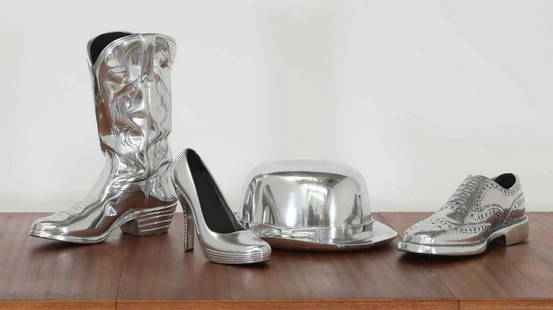 *Finn Stone (b.1971),: *Finn Stone (b.1971), *Finn Stone (b.1971), 'Bowler Hat', 'Cowboy Boot', 'Brogue' and 'High Heel', four cast aluminium sculptures, each signed, numbered and with stamped marks, largest 34cm high (4) *