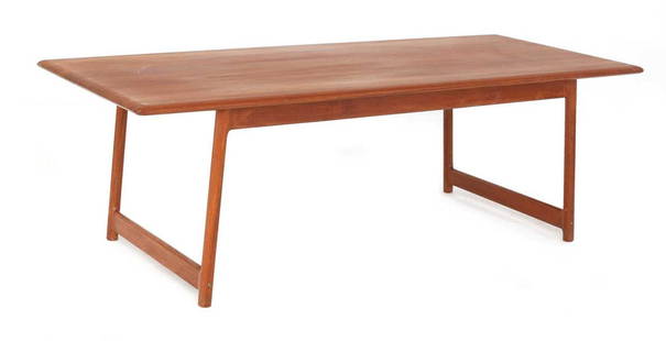 A Norwegian teak coffee table,: A Norwegian teak coffee table, A Norwegian teak coffee table, designed by Arne Halvorsen for Rasmus Solberg, with a plain rectangular top, labelled, 160cm wide 68cm deep 52cm high Fair overall.