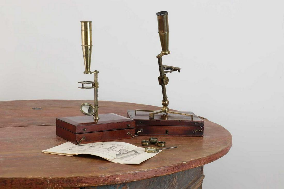 Two lacquered brass compound monocular microscopes, (1 of 4)
