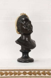 Manner of Pietro Calvi (Italian, 1833-1884),: Manner of Pietro Calvi (Italian, 1833-1884), Manner of Pietro Calvi (Italian, 1833-1884), a bronze bust of a female subject wearing a headscarf, modelled in marble on a black marble socle, unsigned, 3