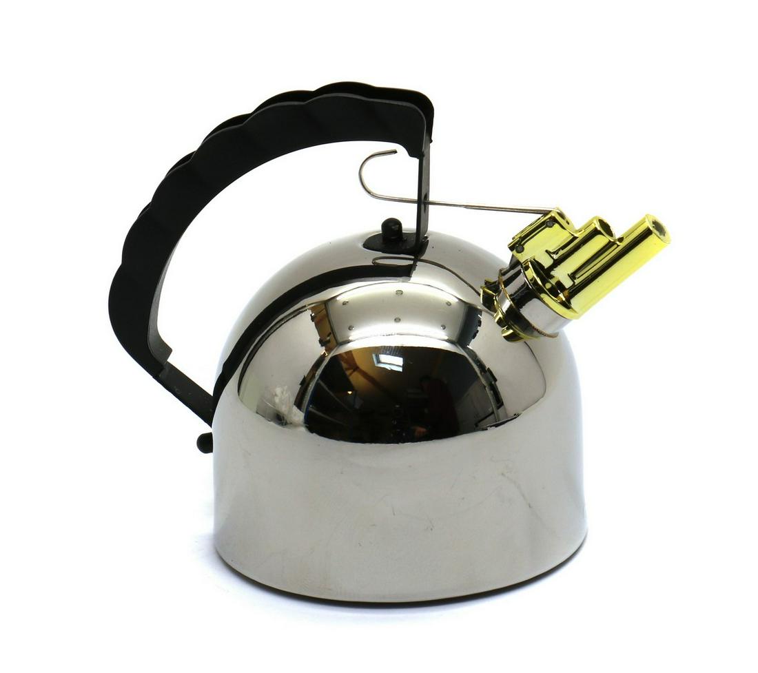 An Alessi miniature stainless steel Bollitore: An Alessi miniature stainless steel Bollitore, by Richard Sapper, 1983, from the 'Collection of the Alessi Museum in Miniature', 8.5cm wide 8cm high