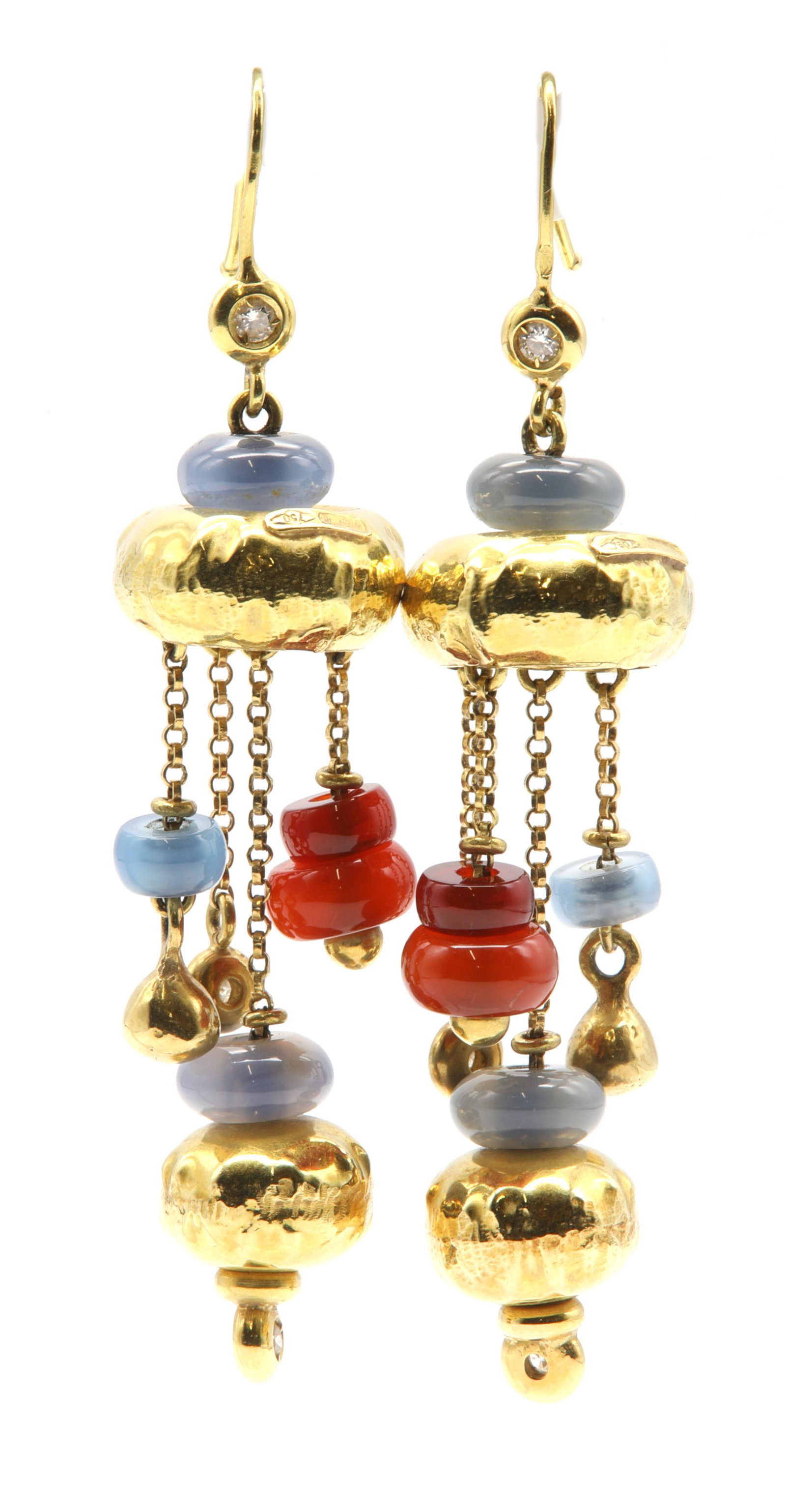 A pair of diamond stained chalcedony and cornelian drop earrings,: A pair of diamond stained chalcedony and cornelian drop earrings, with a brilliant cut diamond, spitch set to the top. A stained chalcedony roundel above a polished gold donut bead, with four chain dr