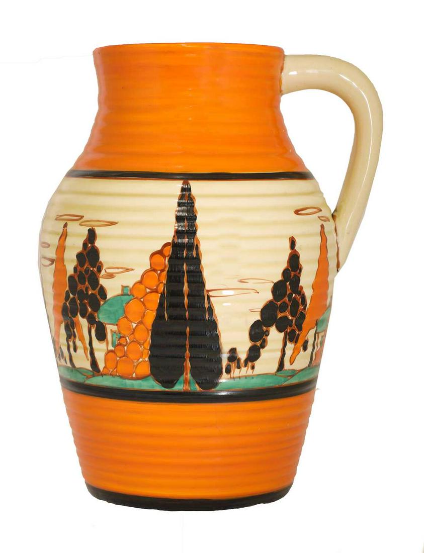 A Clarice Cliff 'Orange Trees and House' Lotus jug, (1 of 3)