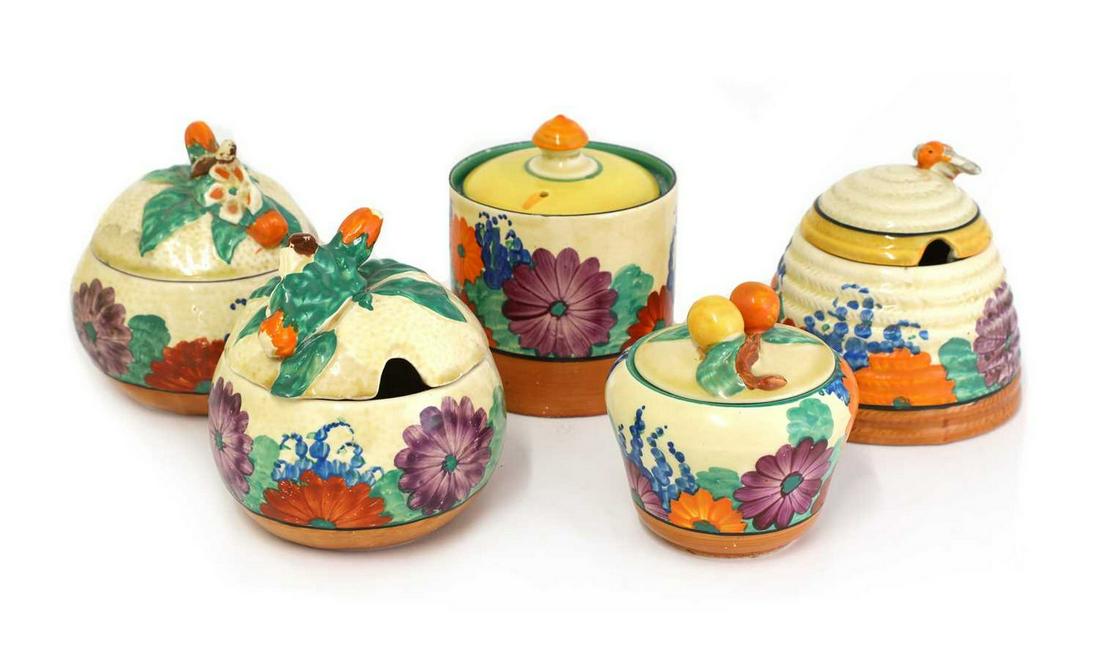 A collection of five Clarice Cliff 'Gayday' preserve pots, (1 of 3)