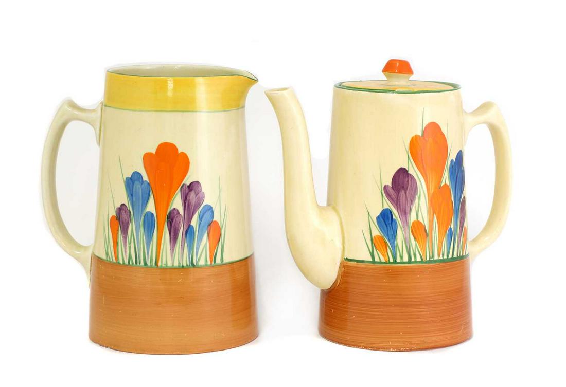 A Clarice Cliff 'Autumn Crocus' tankard coffee pot and lid, (1 of 3)