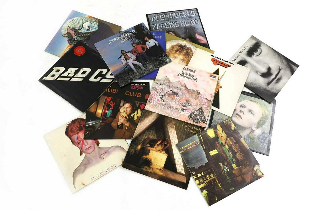 A collection of vinyl albums and singles,: A collection of vinyl albums and singles, of 1960s and 70s classic and prog rock interest, including examples by The Beatles, Led Zeppelin, The Who, Bad Company, Rush, Carlos Santana, David Bowie, Win