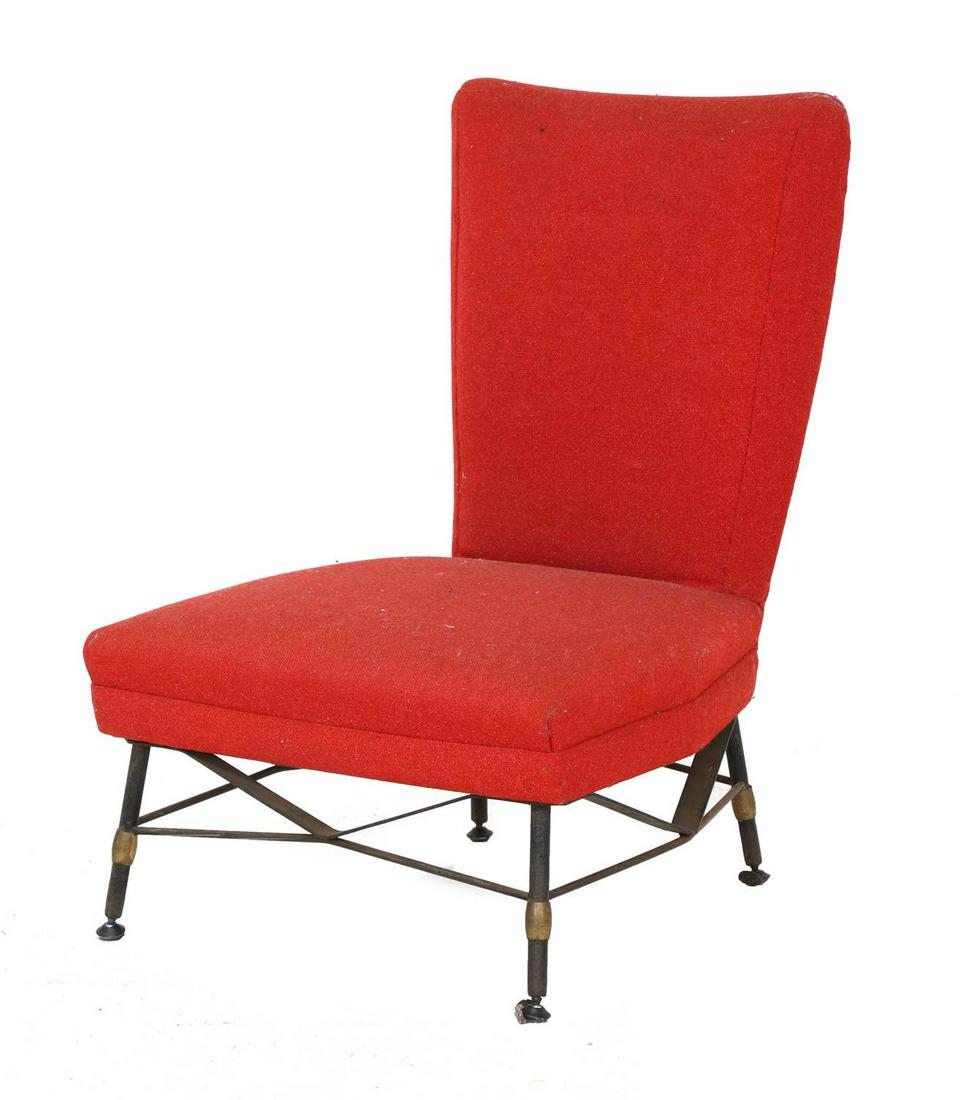 An Italian side chair,: An Italian side chair, in the manner of Augusto Bozzi, with a red wool seat, raised on a steel brass-mounted stand, 59cm wide 55cm deep 70cm high, seat 29cm high Condition Report: Frame worn.