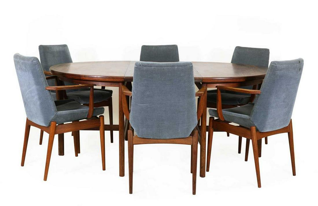An Archie Shine rosewood dining group,: § An Archie Shine rosewood dining group, late 1950s, designed by Robert Heritage, comprising: a set of six 'Hamilton' dining chairs, each seat and back upholstered in grey velour, raised on taper