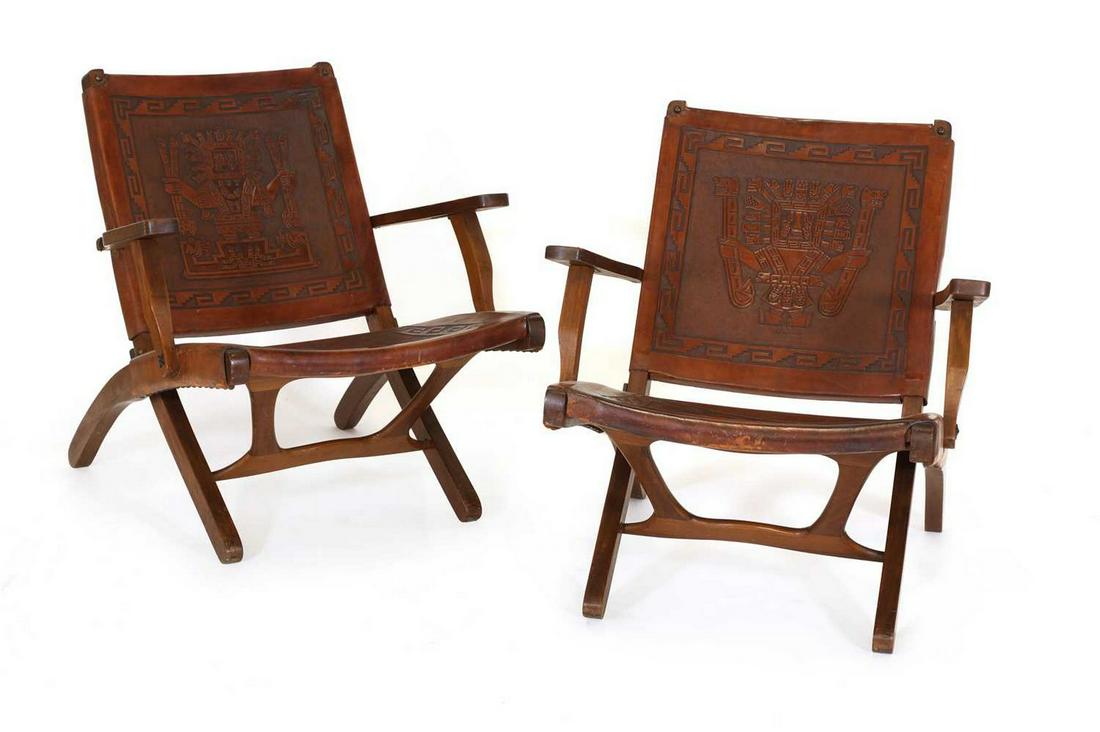 A pair of hardwood and leather folding chairs, (1 of 7)
