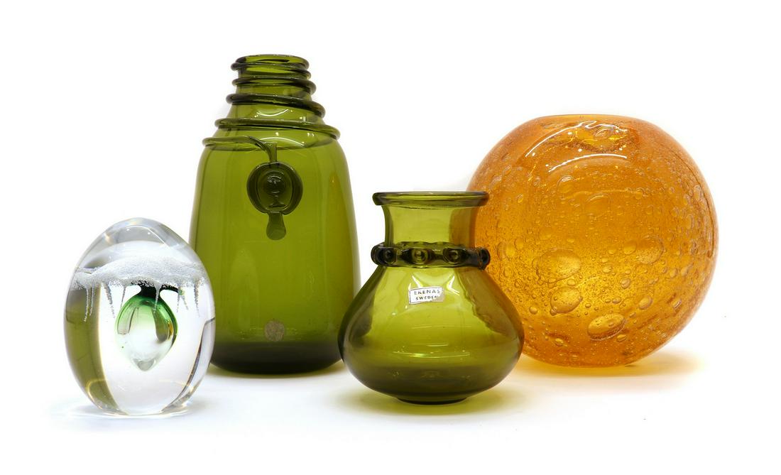 An Ekenas green glass vase,: An Ekenas green glass vase,designed by John Onwar, with applied decorative collar, signed Ekenas Sweden L912, with Ekenas label sticker,12cm hightogether with a Holmegaard Kastrup green glass vase,23c