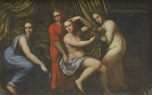 Follower of Alessandro Turchi: Follower of Alessandro Turchi Follower of Alessandro Turchi Venus and her attendants inscribed 'Venus in her Bath/Parmigiana' u.r., oil on slate 8 x 12cm Provenance: The Estate of Sir Jack and Lady Ba