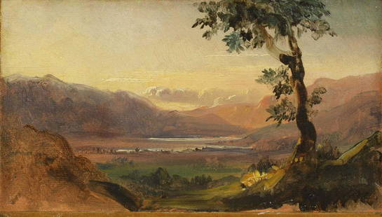 Alexandre Calame (Swiss, 1810-1864): Alexandre Calame (Swiss, 1810-1864) Alexandre Calame (Swiss, 1810-1864) An extensive mountainous landscape with a distant lake signed with initials 'AC' l.r., oil on paper laid down on canvas 16.3 x 2