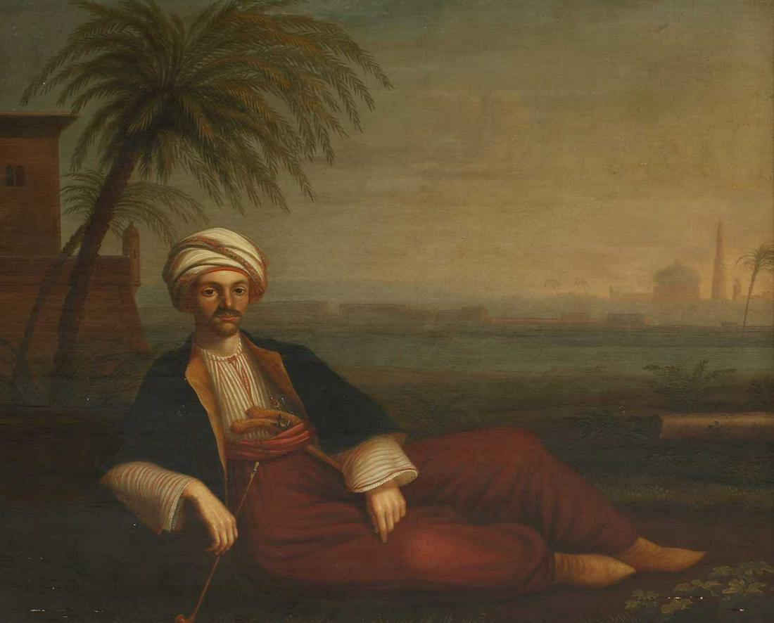 *** Pigoul (c.1822): *** Pigoul (c.1822) *** Pigoul (c.1822) Portrait of a European in Arab costume reclining with a pipe by a river, a mosque in the distance inscribed 'Pigoul/a Londre/Juillet 1822' l.l., oil on canvas 5