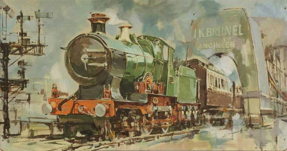 Attributed to Terence Cuneo (1907-1996): Attributed to Terence Cuneo (1907-1996) &#9652; Attributed to Terence Cuneo (1907-1996) City of Truro GWR 3700 Class 3440 crossing the Royal Albert Bridge, Saltash oil on board 93.5cm x 180cm, unframe