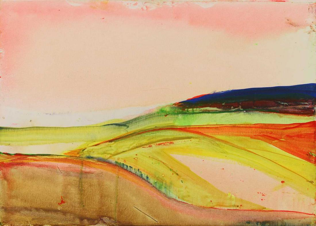 Jeff Hoare (1923-2019): Jeff Hoare (1923-2019) ▴ Jeff Hoare (1923-2019) Sunset over dunes acrylic on canvas 46 x 61cm, unframed Condition Report: There's a loss to canvas top right side, although, this could be hidden