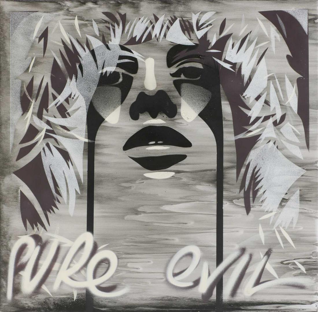 Pure Evil (b.1968): Pure Evil (b.1968) ▴ Pure Evil (b.1968) Uschi Obermaier signed 'Pure Evil', also signed and inscribed 'Uschi Obermaier' verso, mixed media on canvas 75 x 76cm, unframed Condition Report: Some li