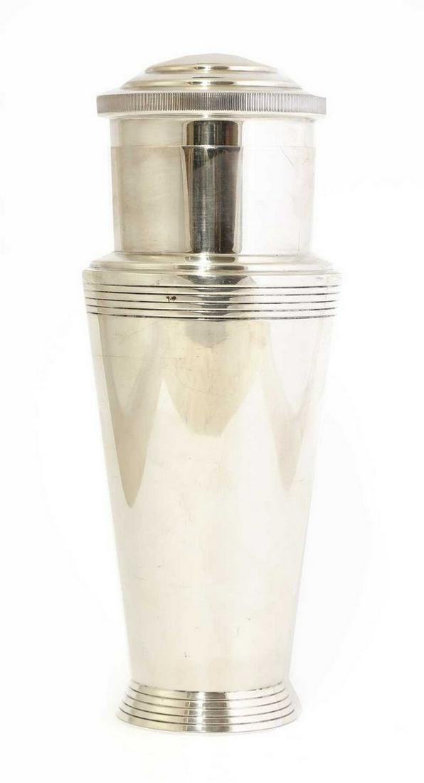 A silver-plated cocktail shaker,: A silver-plated cocktail shaker, A silver-plated cocktail shaker, designed by Keith Murray, maker's marks for Mappin and Webb, of conical form with horizontal bands, enclosing a concave perforated sif