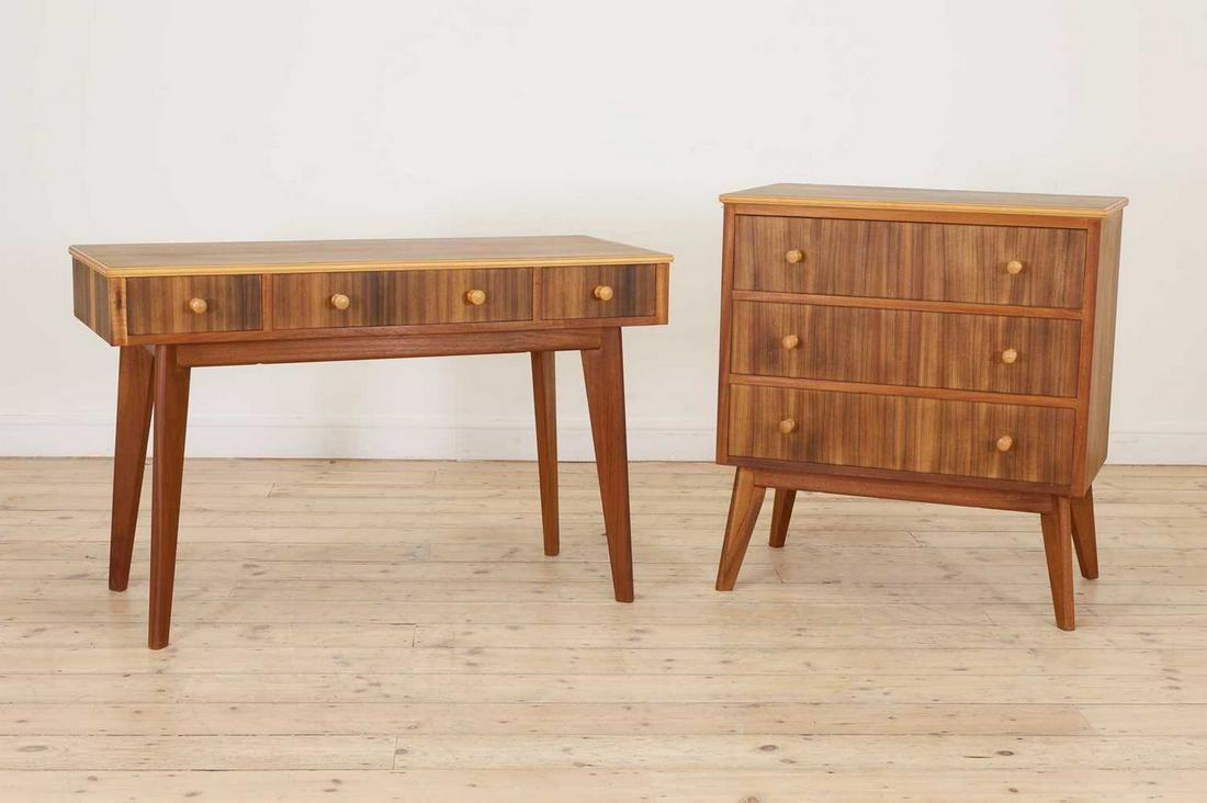 A 'Cumbrae' walnut and sycamore dressing table,: A 'Cumbrae' walnut and sycamore dressing table, A 'Cumbrae' walnut and sycamore dressing table, designed by Neil Morris for Morris of Glasgow, of rectangular form, with three drawers, each with a turn